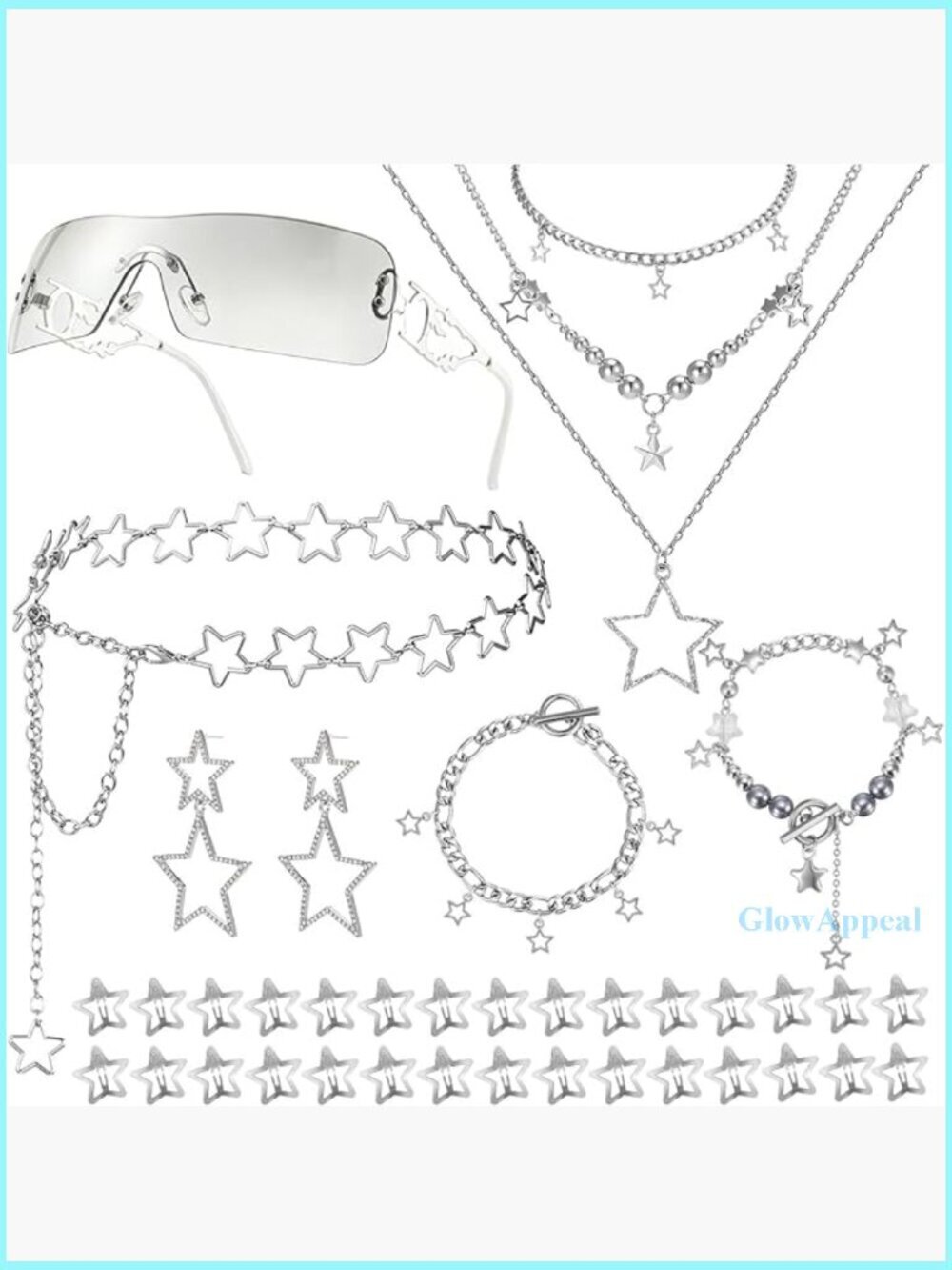 Y2K Sunglasses with Silver Jewelry Set, 35-Piece Accessory Collection